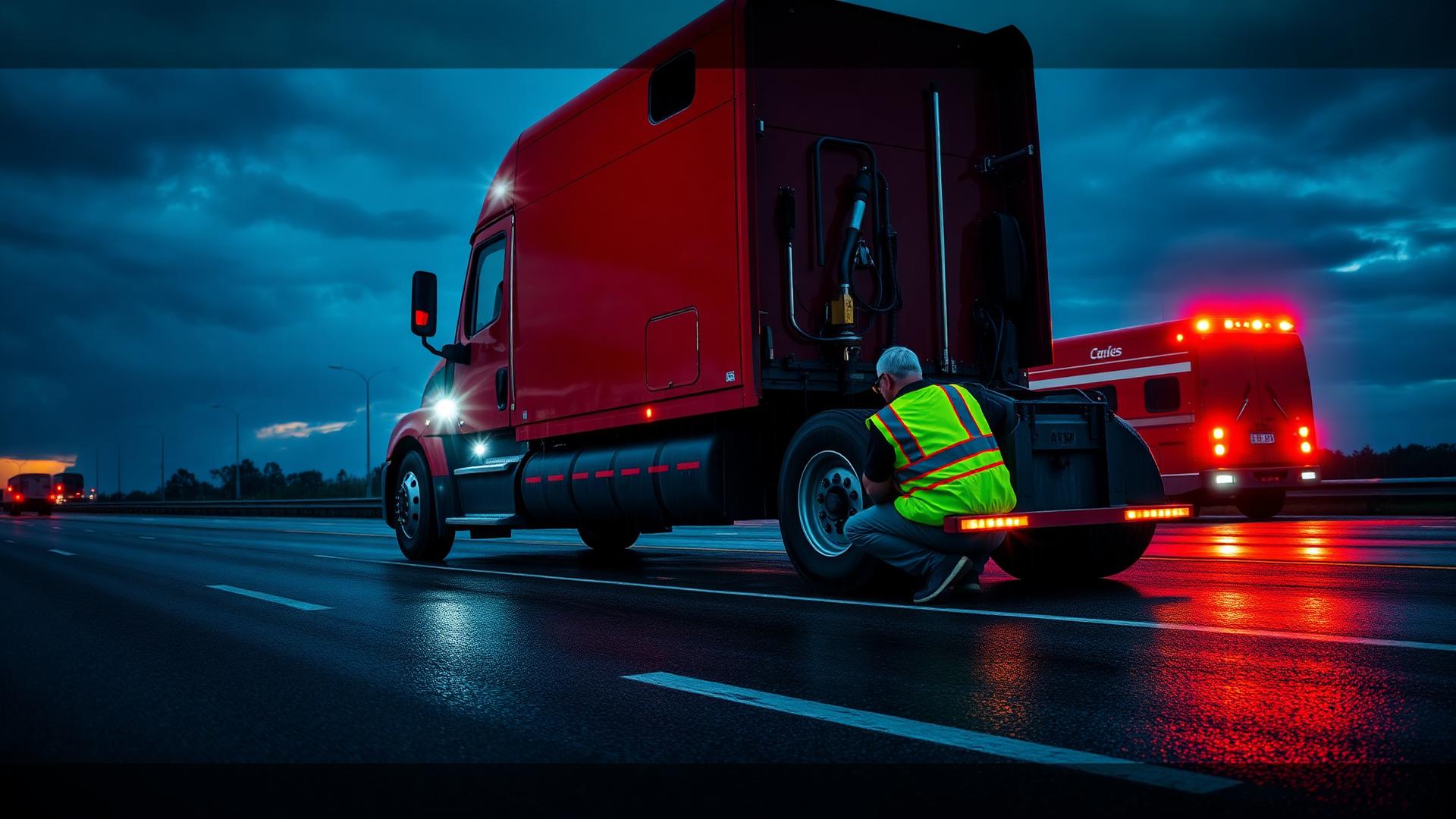 Roadside tire mechanic changing a flat drive tire on a red semi truck on I-84 near Hartford CT at dusk